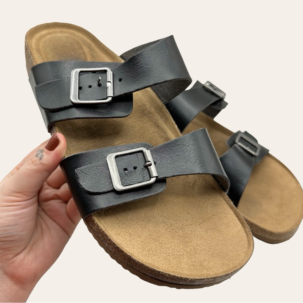 Faux Vegan Leather Double Buckle Cork Bottom Beachy Pool Sandal Slides Black